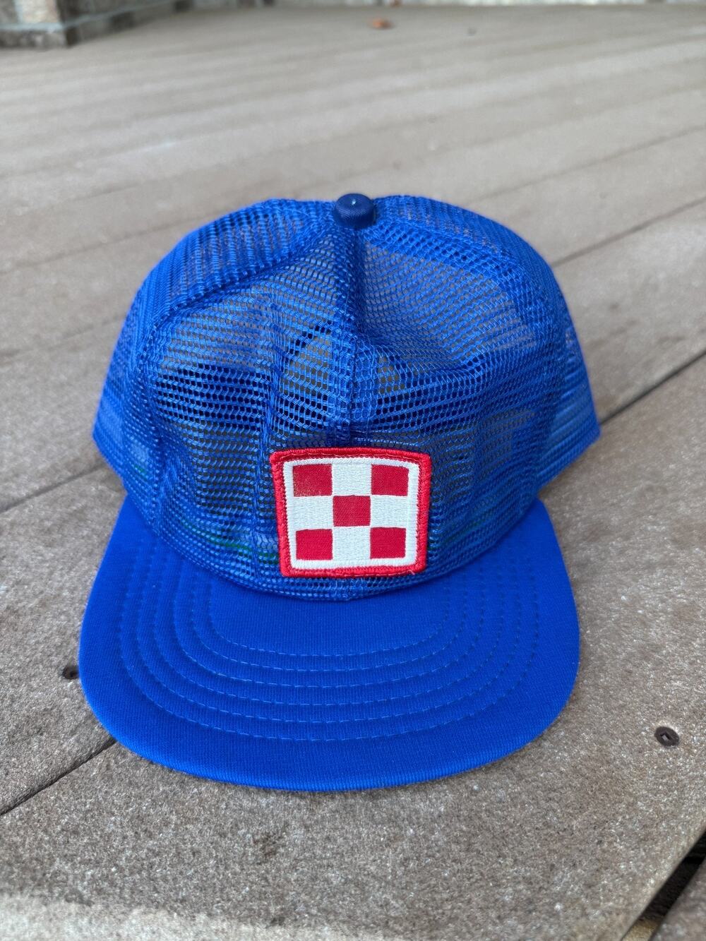 Vintage Royal Blue Full Mesh Trucker Hat Red White Purina Checker Logo Snapback